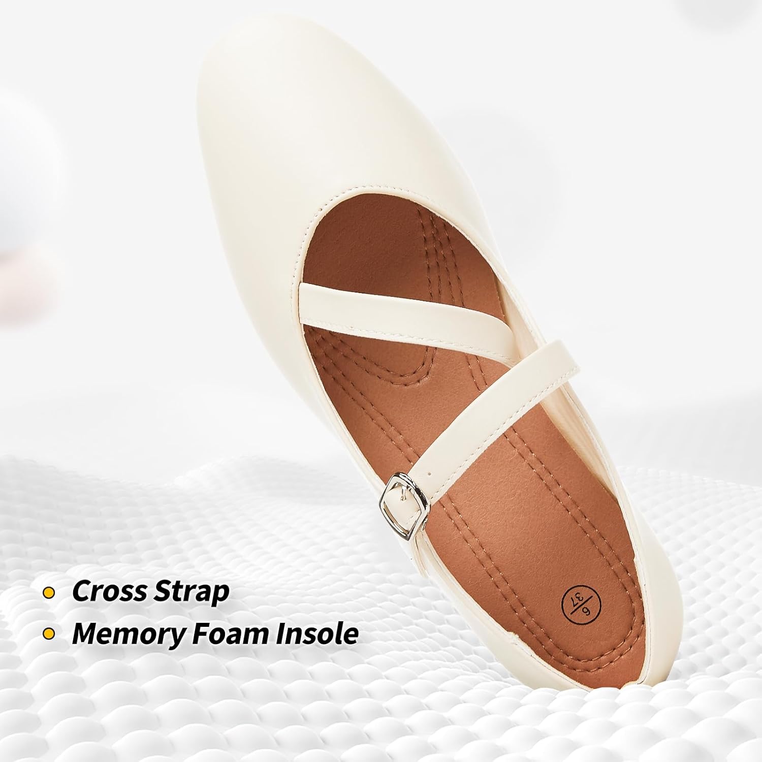 Womens Mary Janes Flats Shoes with Cross Strap,Soft Memory Foam Ballet Flats for Women,Black and White Dress Shoes - Image 2