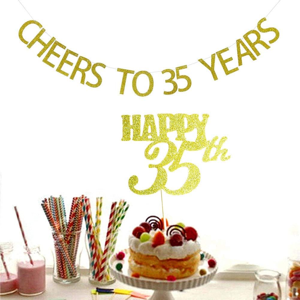 SWEETTALA Cheers to 35 Years Banner and Happy 35th Cake Topper Gold Glitter for 35th Birthday Wedding Anniversary Party Decorations Supplies