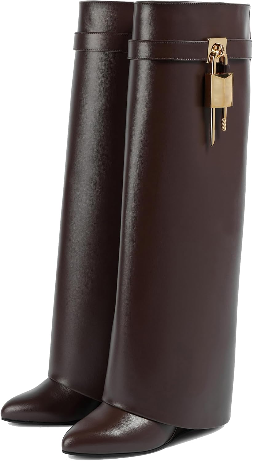 Arqa Fold Over Knee High Boots for Women Covered Wedge Heel Shark Boots Pull-on Wide Calf Boots Fashion Party Almond Toe Booties