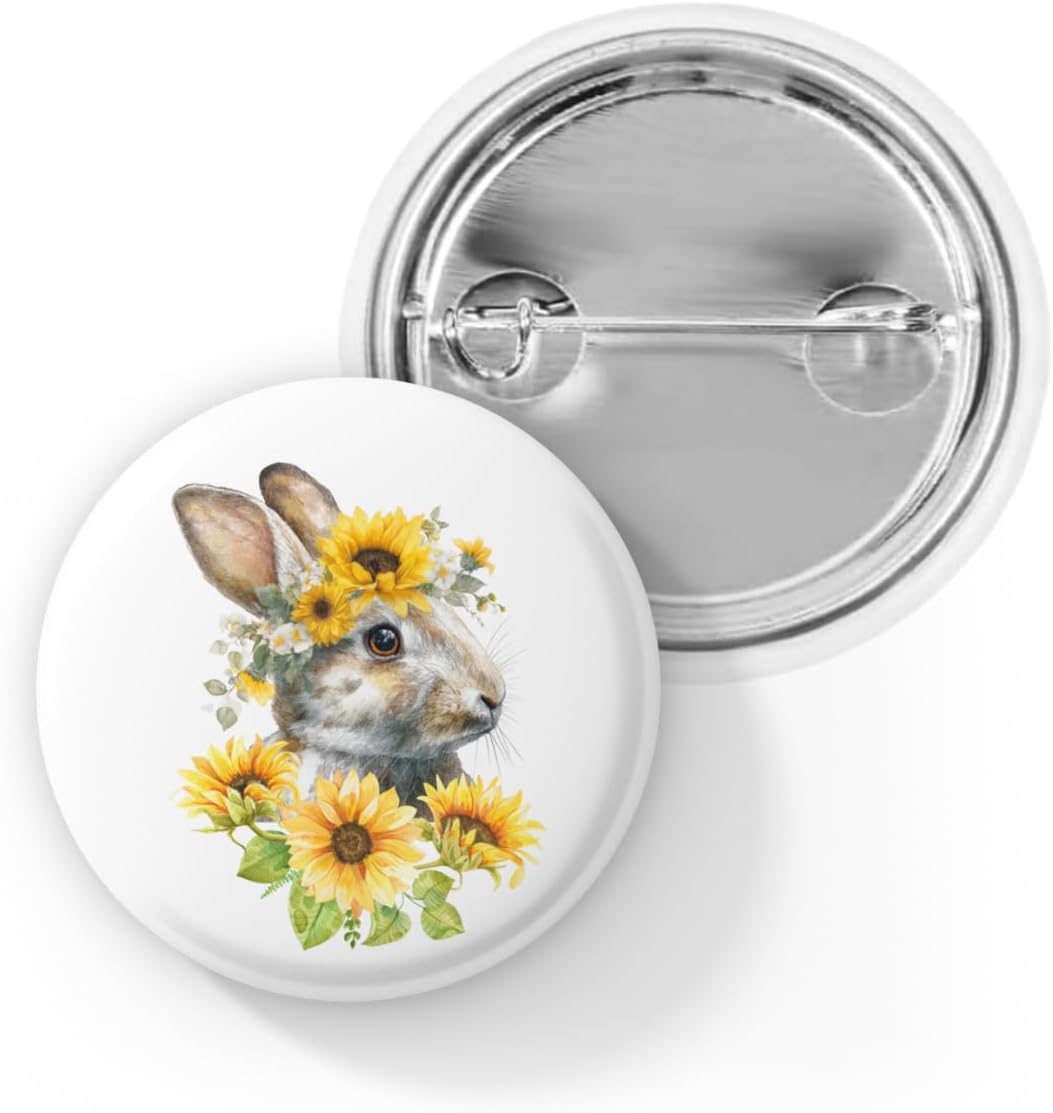 Sunflower Bunny Pin Back Button, Vintage Watercolor Rabbit Badge, Spring Farmhouse Outfit Accessory, Animal Gift, Garden Lover Gift