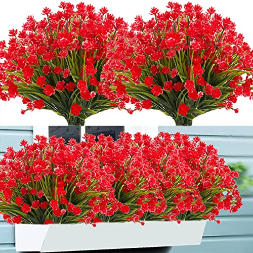 NOV FIRE Artificial Flowers for Outdoors,20 Bundles UV Resistant Outdoor Fake Daffodil Flowers,Artificial Faux Plastic Outdoor Flowers Greenery Shrubs Plants for Indoor Outside Decor(Red)