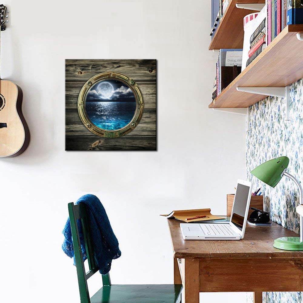 Biuteawal - Window Frame Style Beautiful Views of the Seascape Picture Wall Art Moon Sea Ocean Landscape Paintings Canvas Art Print for Living Room Bathroom Home Decoration