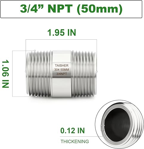 Miniatura 735 de TAISHER 2 accesorios de tubería de acero inoxidable, 1/2 "NPT x 1/2" NPT macho roscado, tubo fundido de pezón de 6 pulgadas de longitud 1.969 in
