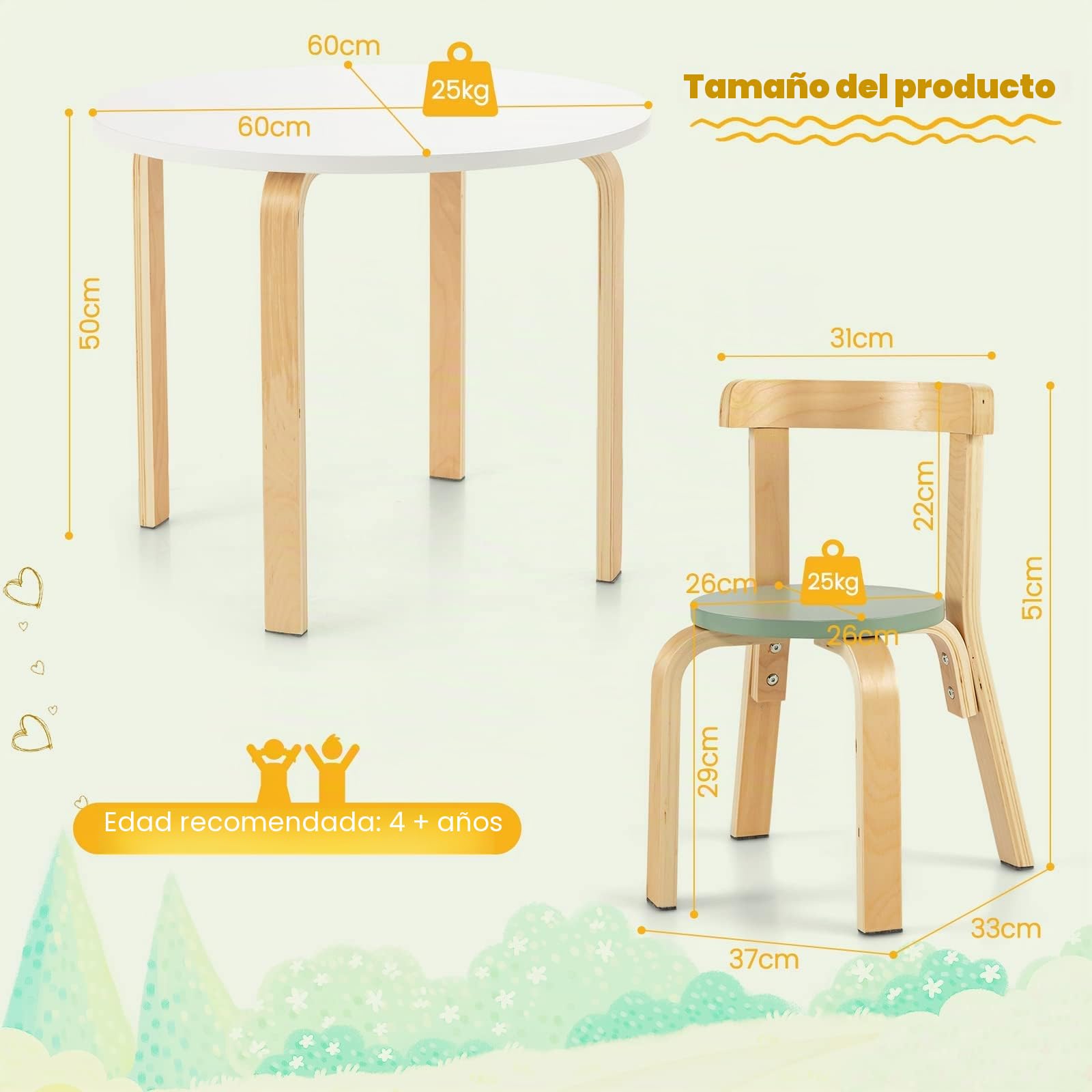 RELAX4LIFE Juego de muebles de 5 piezas, mesa de actividades y 4 sillas infantiles de madera para escuela, sala de juegos y dormitorio, +4 años
