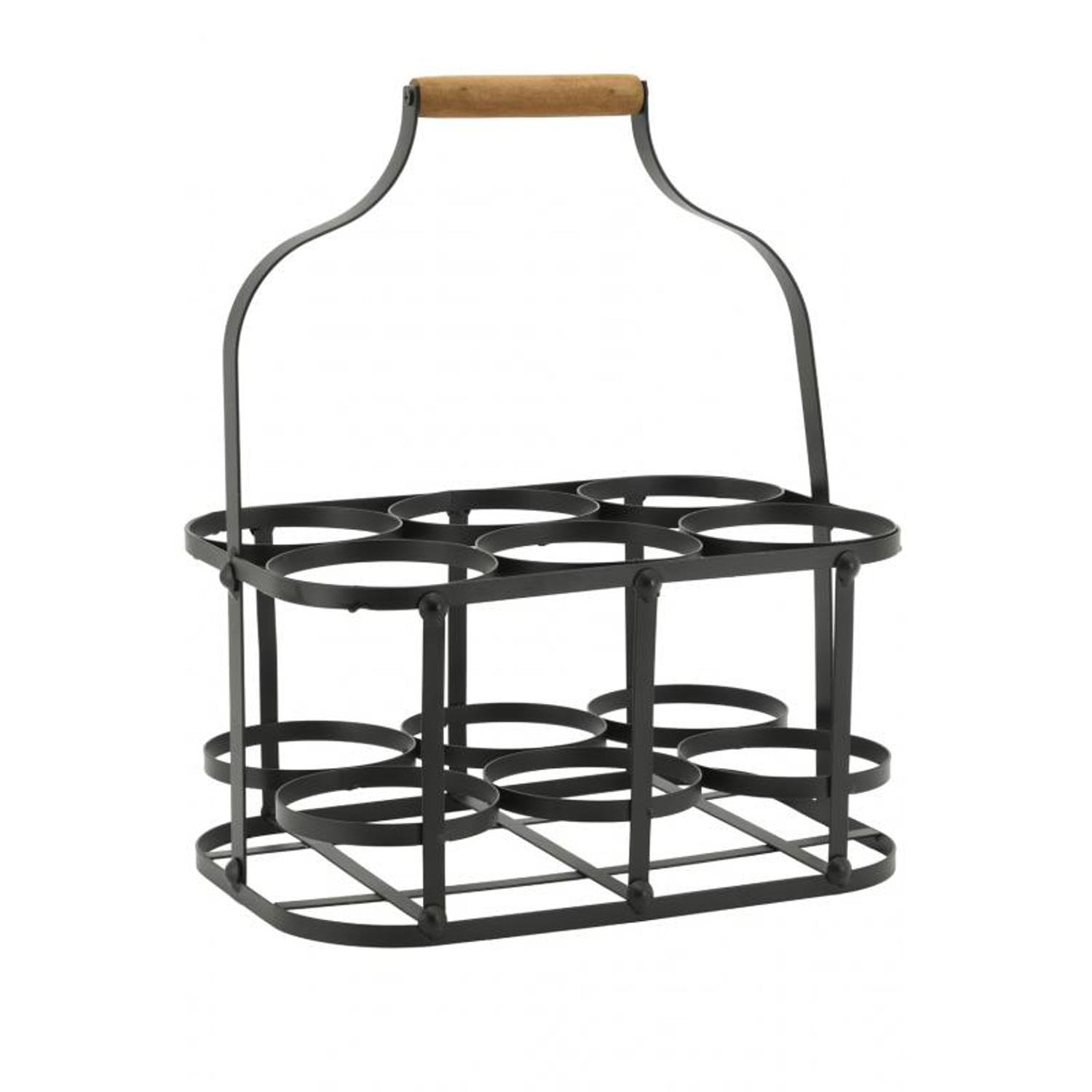 AUBRY GASPARD - Panier Bouteilles Métal Bois - 6 Bouteilles - Noir Naturel - 33.5x22.5x37 cm - Réceptacles 10.2 cm - Poignée Bois - Idéal Transport Rangement Vin Bière