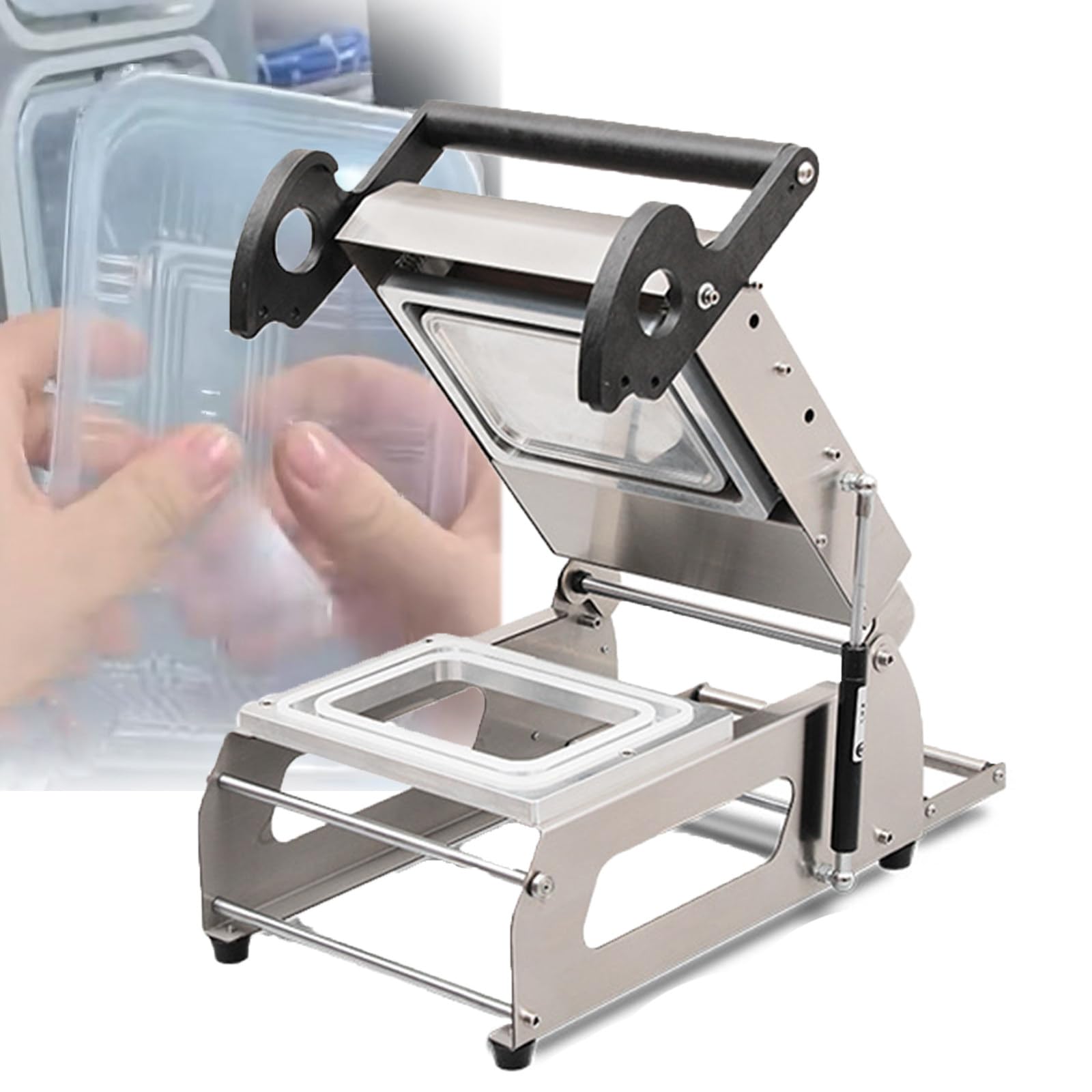 Selladora Manual de Acero Inoxidable – Máquina semiautomática para fiambreras, 7-8 sellados/min, Funciona con Film Blanco y Colorido, antigoteo – para pescaderías y asadores 20 * 14