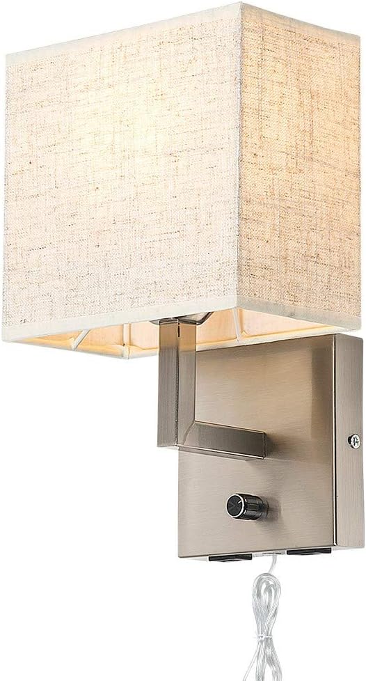 Bedside Wall Mount Light with Dimmer Switch and Two USB Charging Port,Fabric Linen Shade Wall Sconces Light with Plug in Cord and Satin Nickel Finish, Perfect for Bedroom, Living Room and Hotel