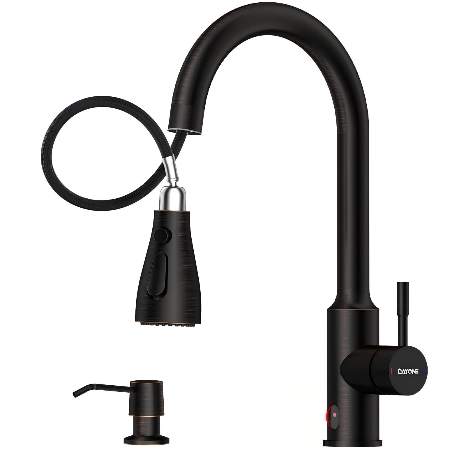 DAYONE Touchless Bronze Kitchen Sink Faucet with Pull Down Sprayer and Soap Dispenser, Oil Rubbed Brown 3 Modes Motion Sensor Hands-Free Single Handle Touch Faucet for Kitchen Sink High Arc