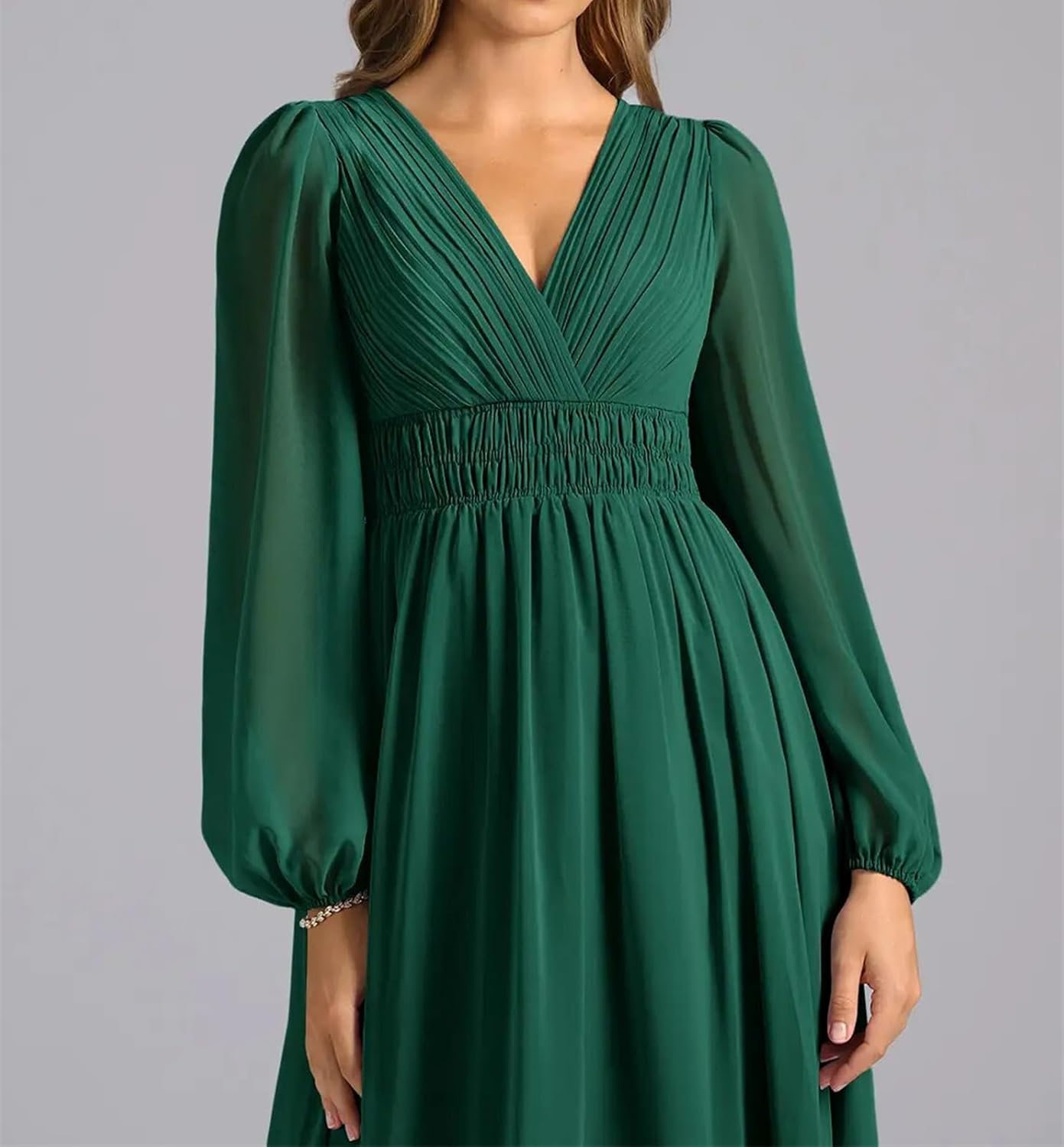 Women's Pleated V-Neck Maxi Dress - Long Puff Sleeve Smocked Waist Flowy Formal Wedding Guest Evening Gown - Image 4