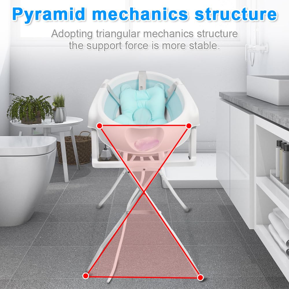 Bañera plegable para bebé con soporte, ergonómica con cojín, diseño blanco y rosa, drenaje integrado (verde)