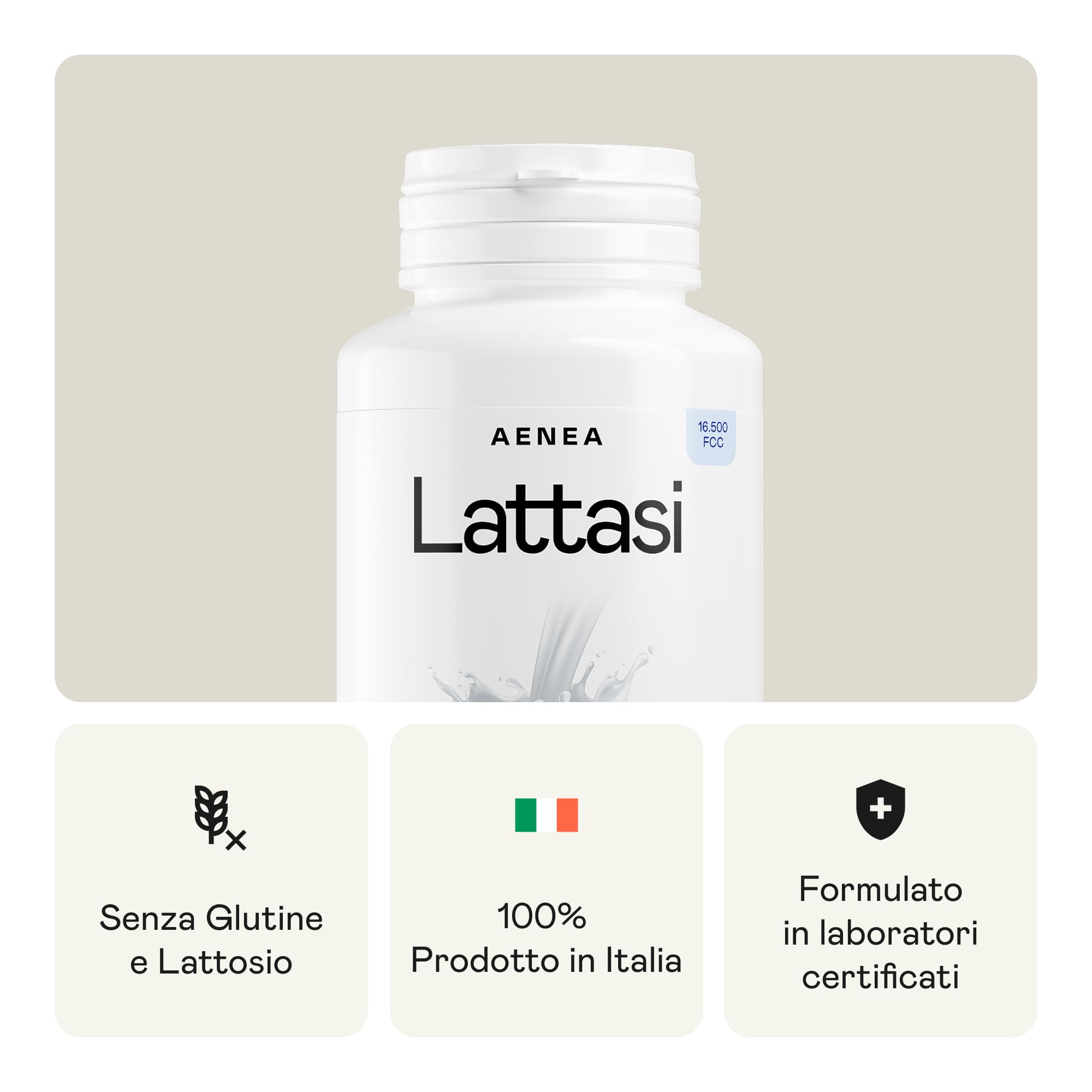 Aenea Lattasi Capsule Effetto Immediato 16500 FCC, 120 Capsule, Enzima Lattasi ad Alto Dosaggio per Intolleranza Lattosio, Capsule Lattosio per Digestione, Prodotto in Italia e Sicuro