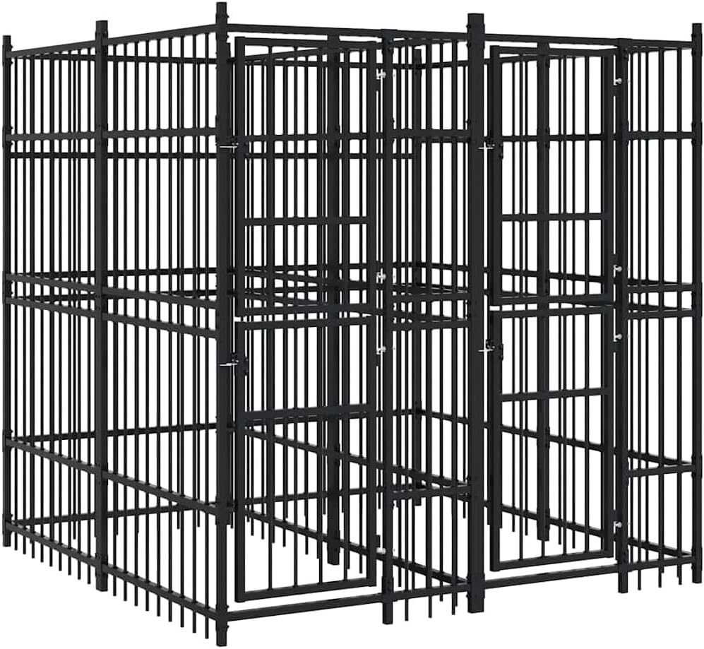 vidaXL Outdoor Dog Kennel - Spacious Steel Dog Play and Exercise Yard with Secure Lock System, Easy Assembly, in Black