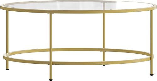Miniatura 6 de EMMA + OLIVER Mesa de centro de cristal transparente para sala de estar con marco redondo de metal dorado cepillado