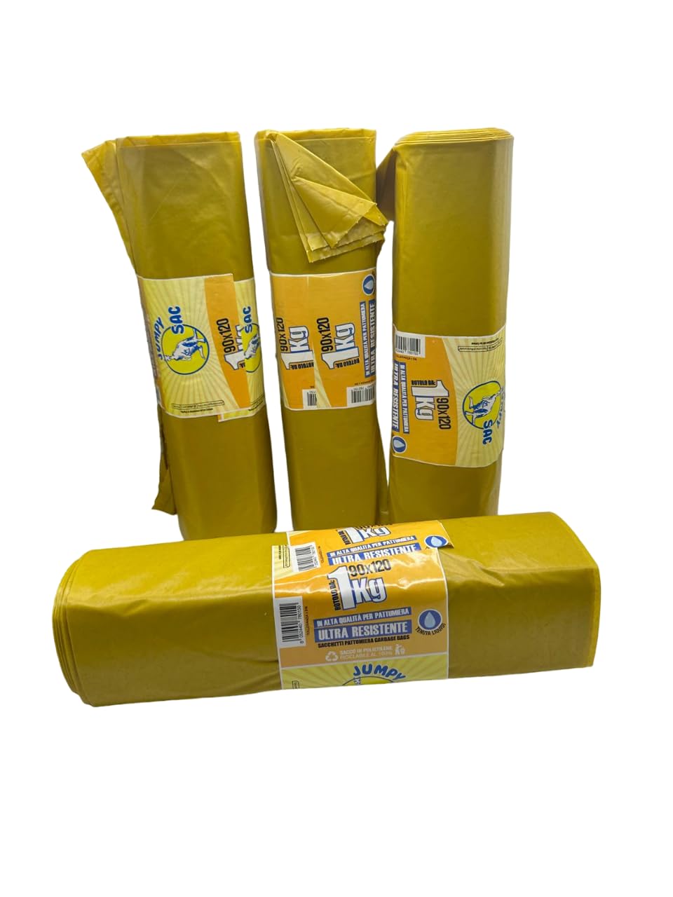 Sacchi pattumiera 18 rotoli 90X120 circa 18kg Giallo, ogni rotolo contiene 7pz, 65my