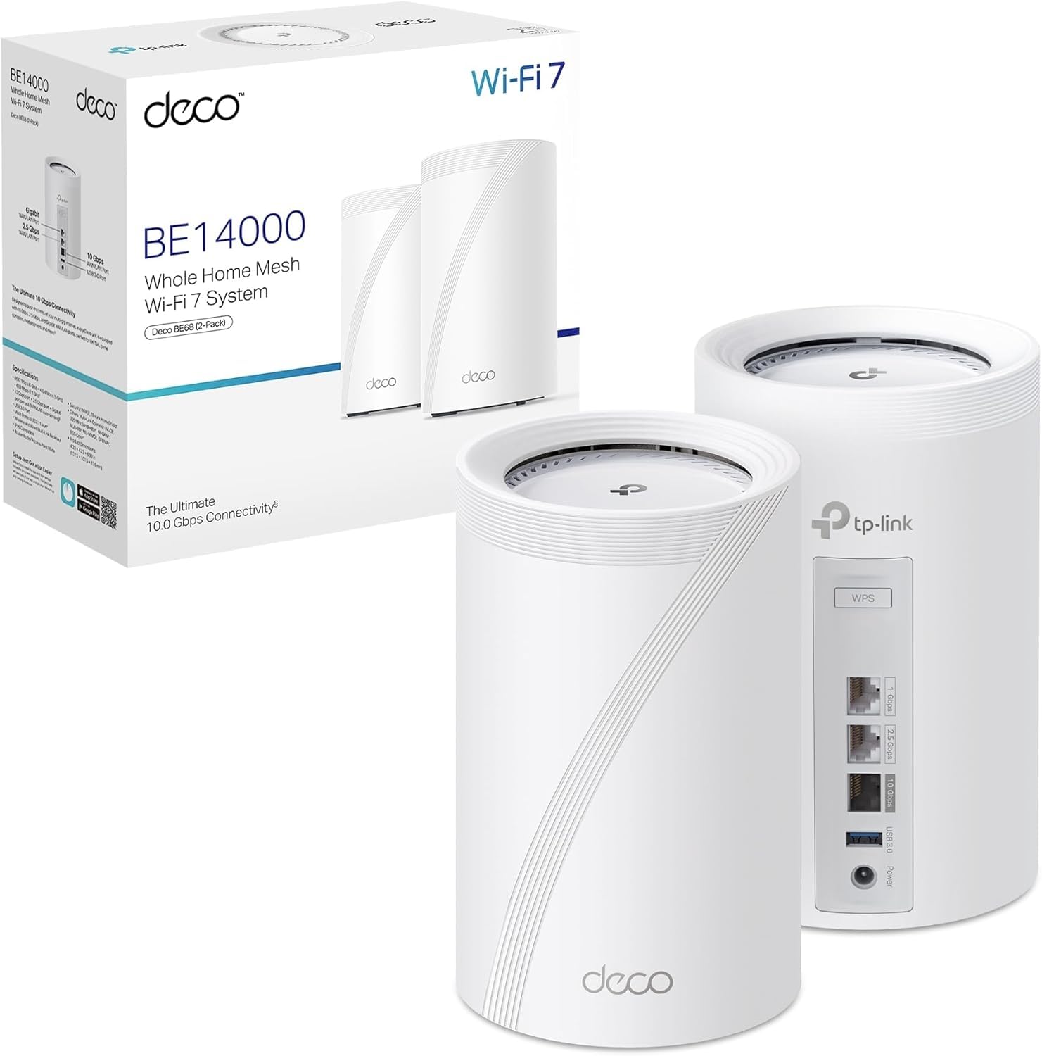 TP-Link Deco BE68 (2-Pack) - Mesh WiFi 7, BE14000Mbps Tri-Band, Canales 320 MHz, Puerto Ethernet 10 Gbps, Alexa, Funciona con Cualquier ISP y módem, MLO, 2 Unidades