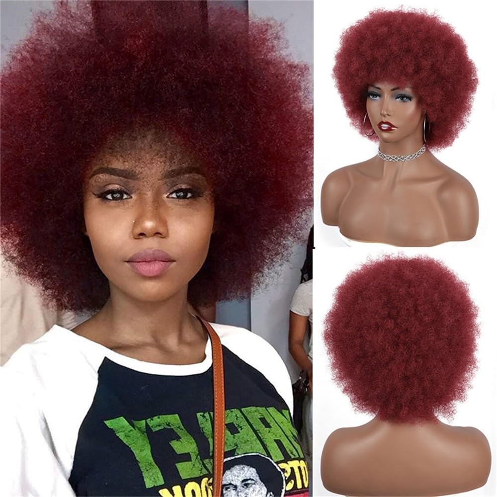 Peruka z ludzkich włosów afro z krótkimi kręconymi włosami, 6 cali, bez kleju, gotowa do noszenia, do cosplay w stylu lat 70. i codziennego użytku, bordowa peruka
