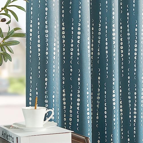jinchan 95% Blackout Boho Curtains, Moon Phases Printed 63 Inches Long Blue Drapes for Bedroom Living Room Nursery Farmhouse, Rod Pocket Back Tab Ther
