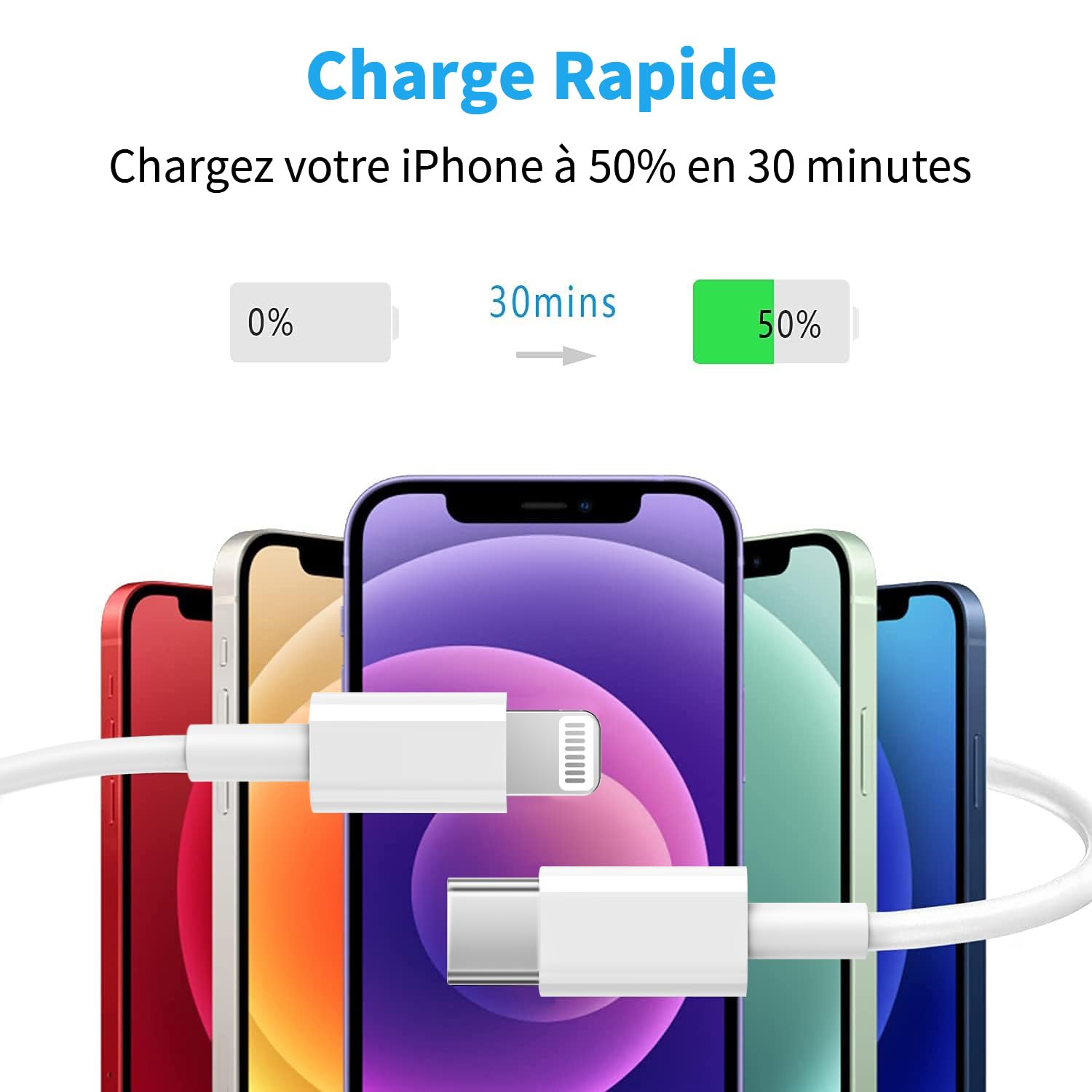 RCTech Câble USB C vers Lightning 1.8M -Lot de 3 [MFi Certifié] Charguer iPhone Charge Rapide Power Delivery pour iPhone 14/13/13PRO/12/12 PRO Max/12 Mini/11/11PRO/XS/XR/X/8/ 8Plus /iPad, Blanc