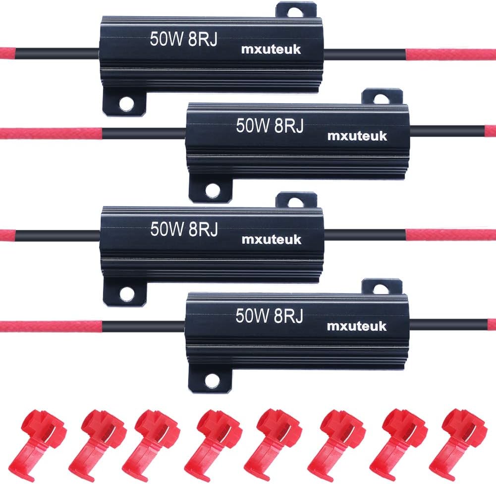 mxuteuk 4pcs 50W 8ohm Car Load Resistors for Fix LED Bulb Fast Hyper Flash LED Turn Signal Lights, Fix Error Flash Controller,with 8pcs Quick wire Clip 50W-8RJ-4