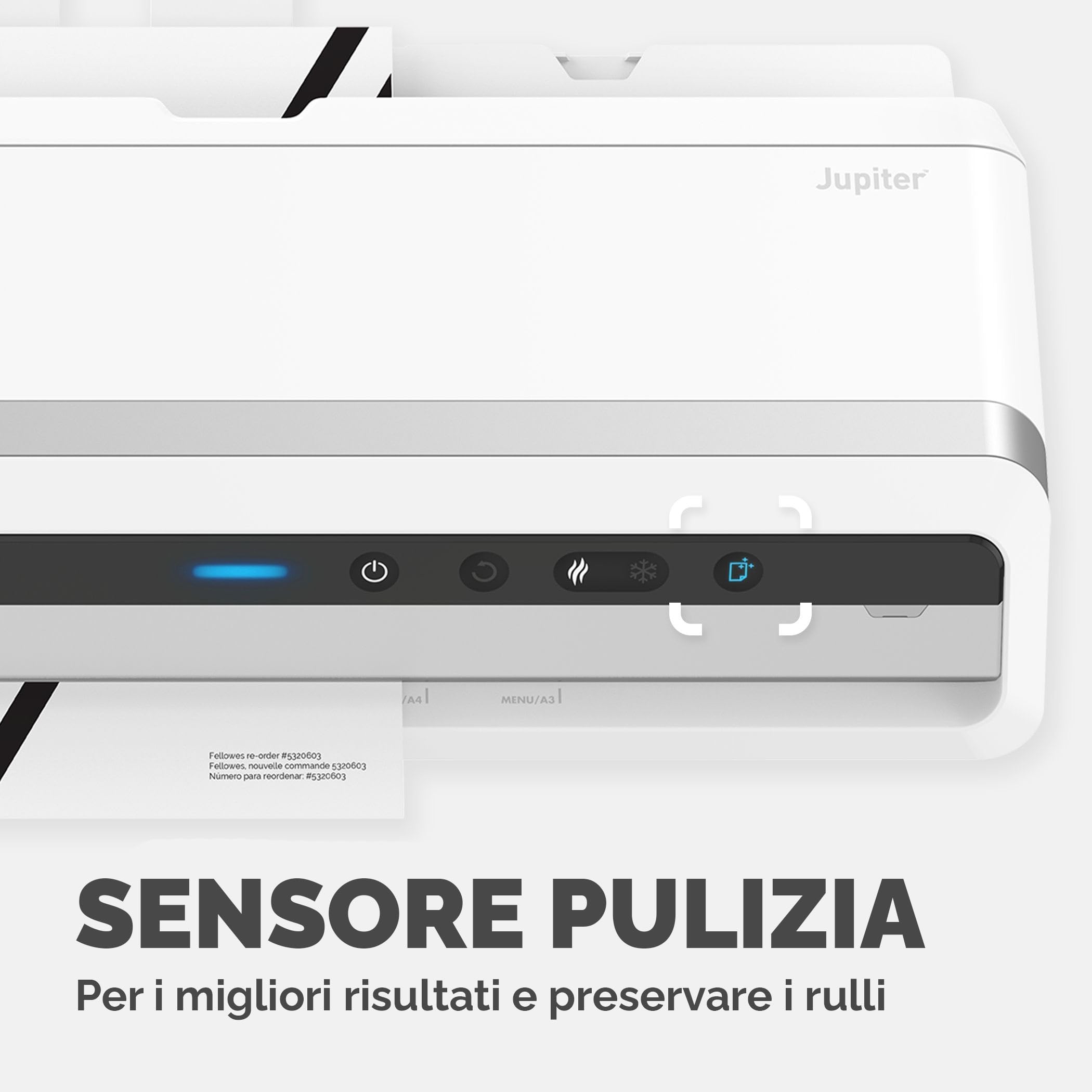 Fellowes plastificatrice a caldo Jupiter A3, formato A3, fino a 250 micron, per ufficio, riscaldamento rapido, con retromarcia e modalità riposo, colore bianco, incluso starter pack di 10 pouches