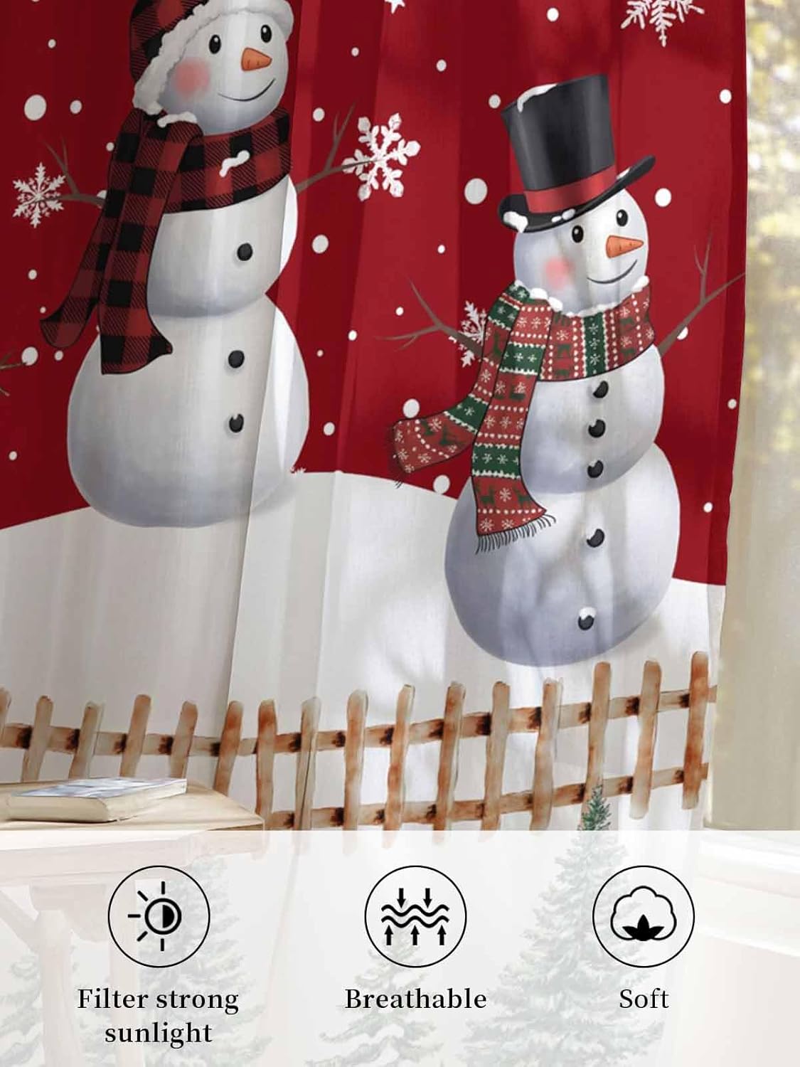 Christmas Red Sheer Curtains 63 Inch Length 2 Panels Set, Christmas Snowman Standing in Winter Buffalo Plaid Snowflake Semi Transparent Voile Rod Pocket Curtains for Living Dining Room Bedroom Drapes