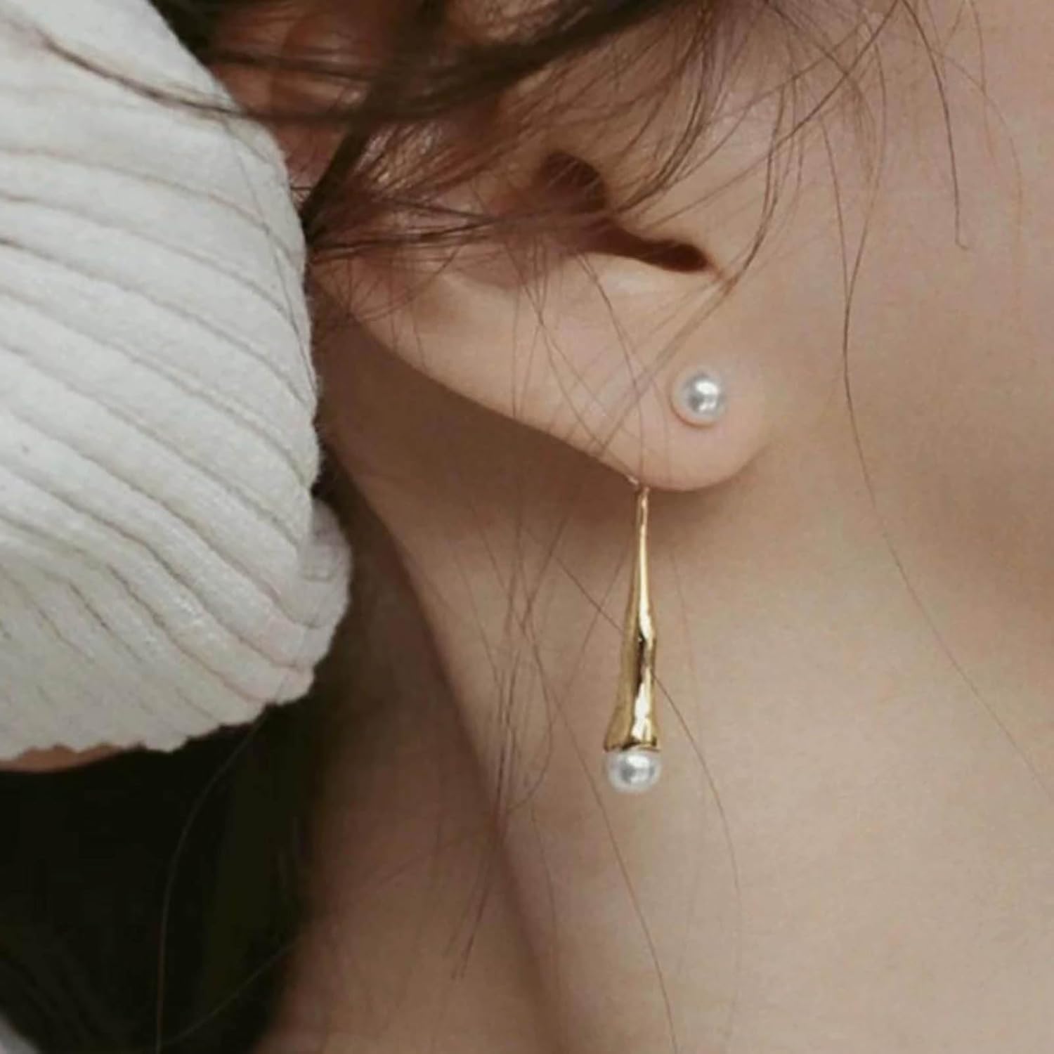 Boho Pearl Ear Jacket Earrings Vintage Teardrop Pearl Earrings Silver Waterdrop Bead Dangle Earring Wedding White Bead Stud Earring Jewelry for Women - Image 2