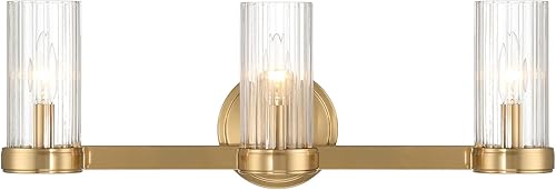 Miniatura 8 de Robert Stevenson Lighting Izzy - Lámpara de tocador de 3 luces de metal y vidrio transparente acanalado, oro cepillado