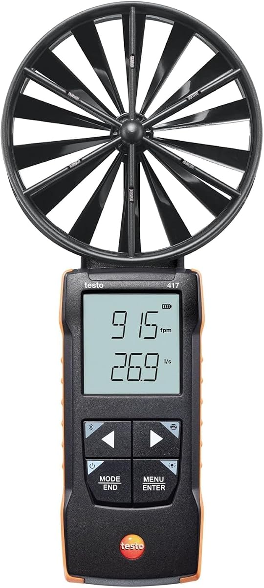 Anemómetro portátil testo 417 - Medidor CFM HVAC 32 a +122 °F - Medidor de flujo de aire de 4 pulgadas para velocidad del aire, flujo de volumen y temperatura en entradas y salidas de aire con compatibilidad de aplicaciones