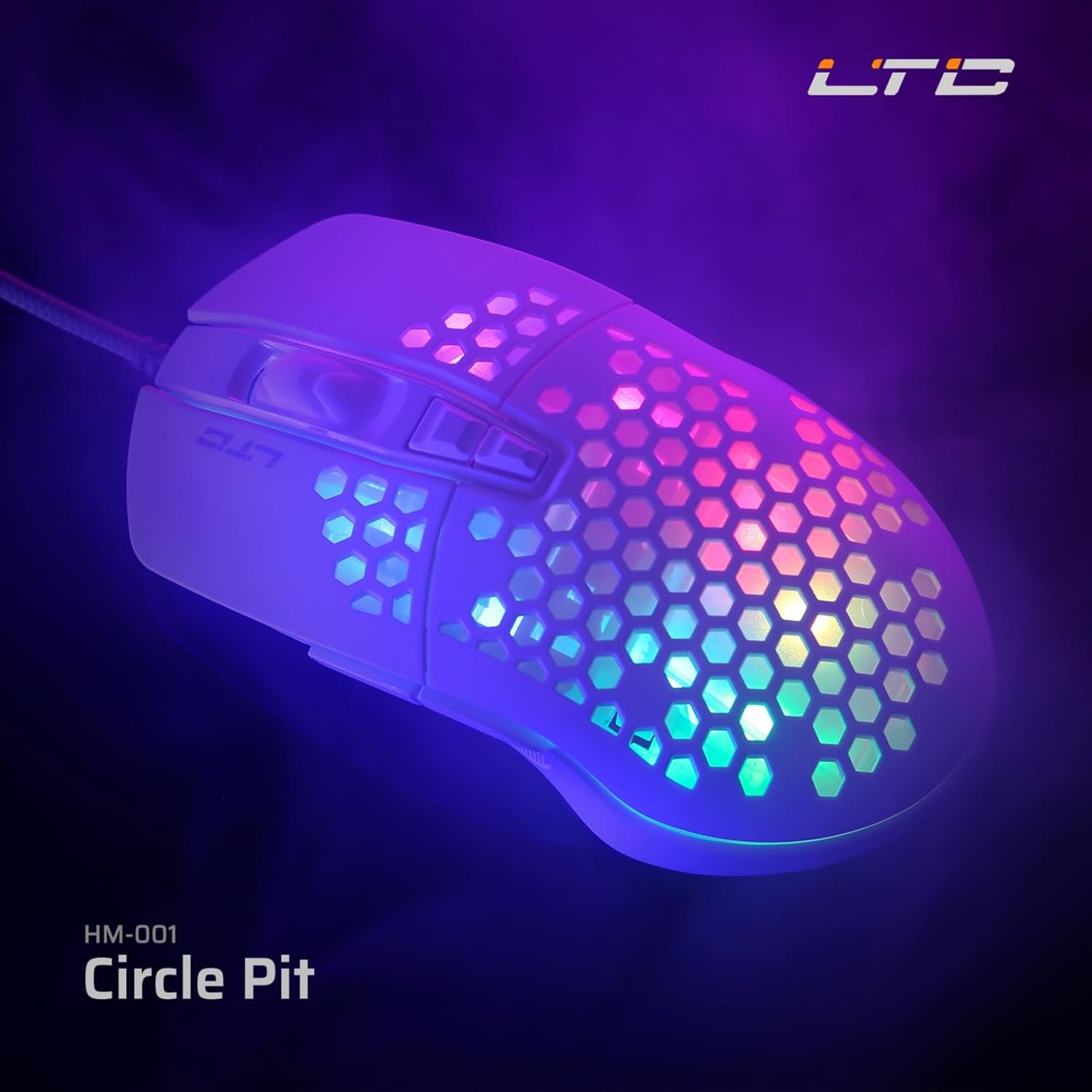 LTC Circle Pit HM-001 RGB Gaming Mouse with 2 Side Buttons, Lightweight Honeycomb Shell, Adjusted 12800DPI, 7 Programmable Buttons, Software Support, White
