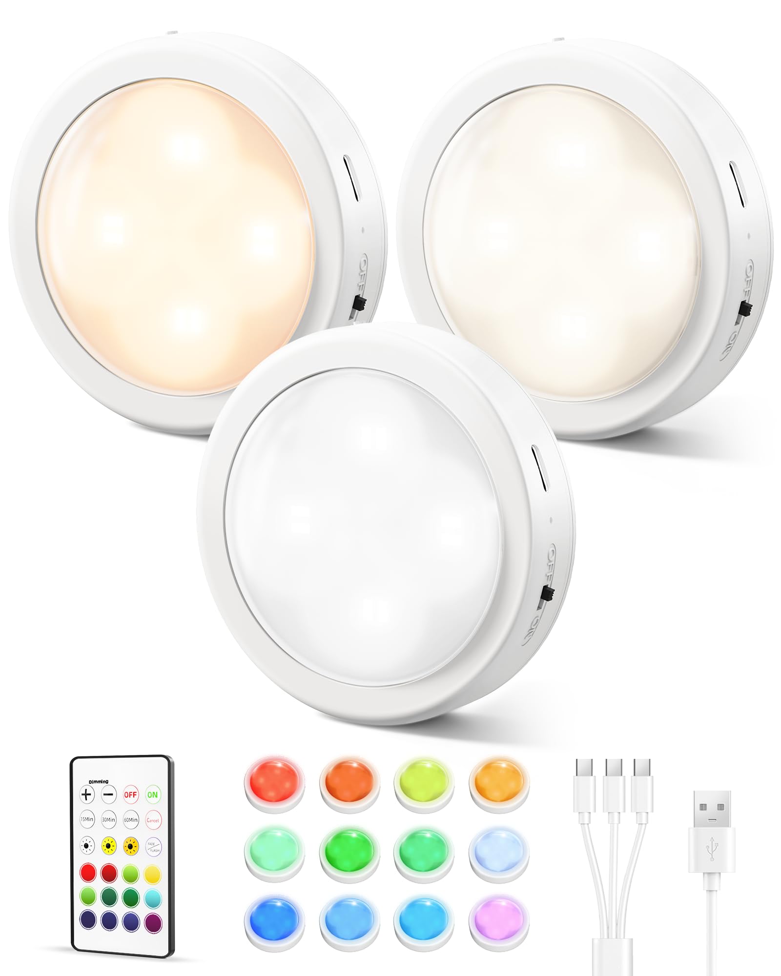 Photo 1 of EZVALO Rechargeable Puck Lights with Remote (3-Pack, White)