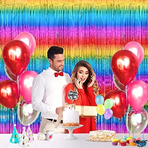 Katchon, Rainbow Metallic Fringe Curtain - Xtralarge, 6.4X8 Feet, Pack Of 2 | Rainbow Metallic Streamers | Rainbow Tinsel Curtain, Rainbow Decorations | Pride Streamers, Pride Birthday Decorations #TOP6