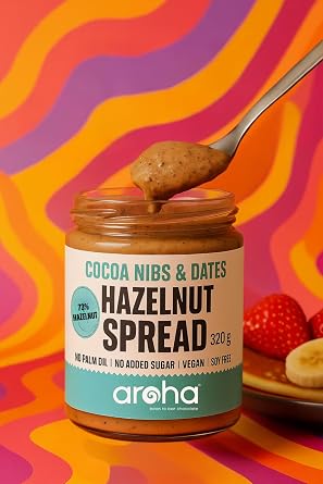 Aroha Hazelnut Spread with Cocoa Nibs & Dates, 73% Hazelnuts, No Palm Oil, No Added Sugar, Vegan, Soy-Free, Gluten-Free, Smooth & Healthy – Perfect for Breakfast, Snacks & Baking – 320g