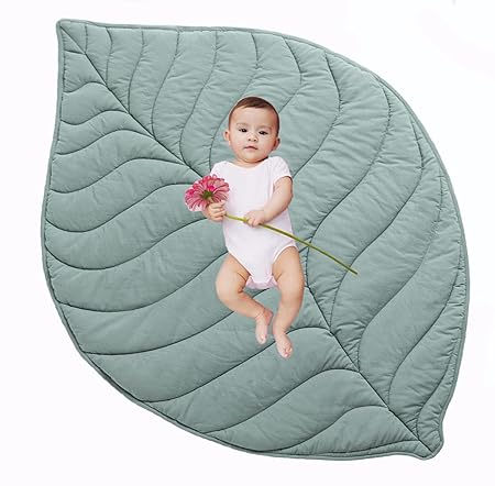Large Cotton Leaf Baby Play Mat, Machine Washable Thick Play Mat for Baby, Baby Mat for Floor Tummy Time Girls and Boys, Baby Playmat Crawling Mat for Infants, Baby Blankets Gifts for Newborn Baby