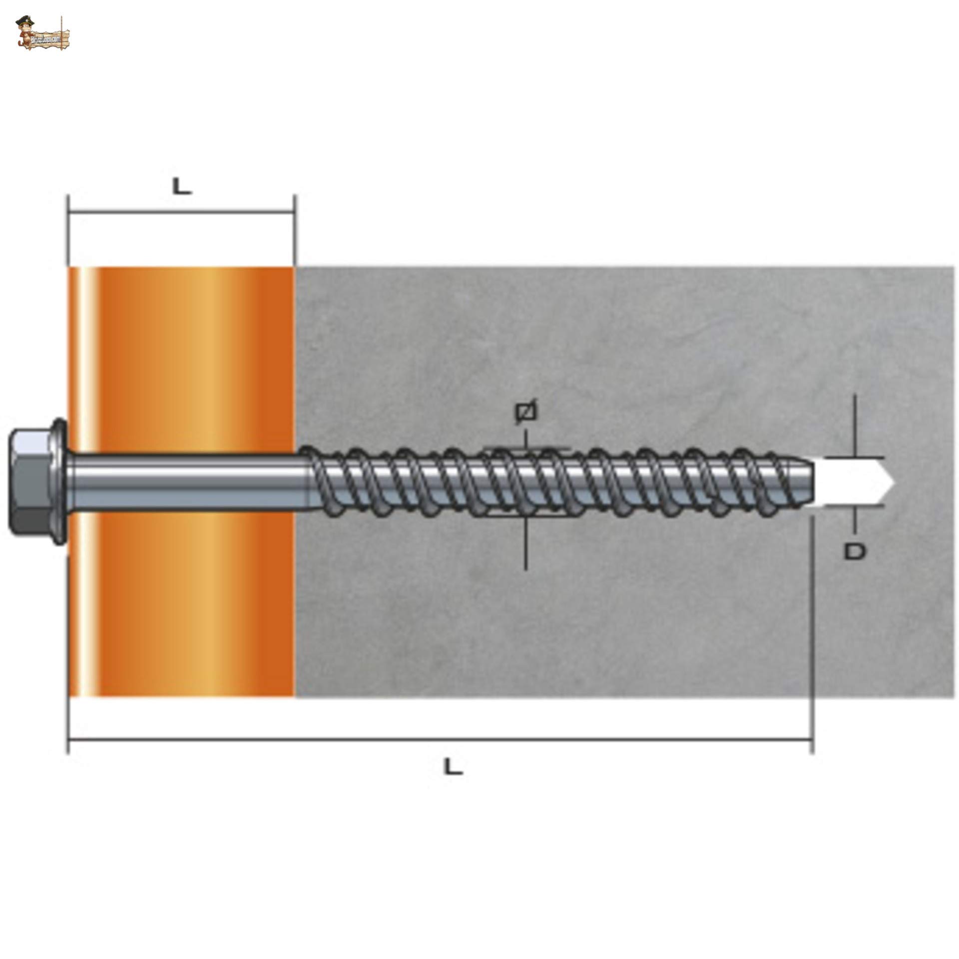 BricoLoco - Vis d'ancrage pour fixation directe sur béton - Pas de cheville requise - autotaraudeuse - Tête hexagonale - Acier zingué (100, 7,8 x 60)