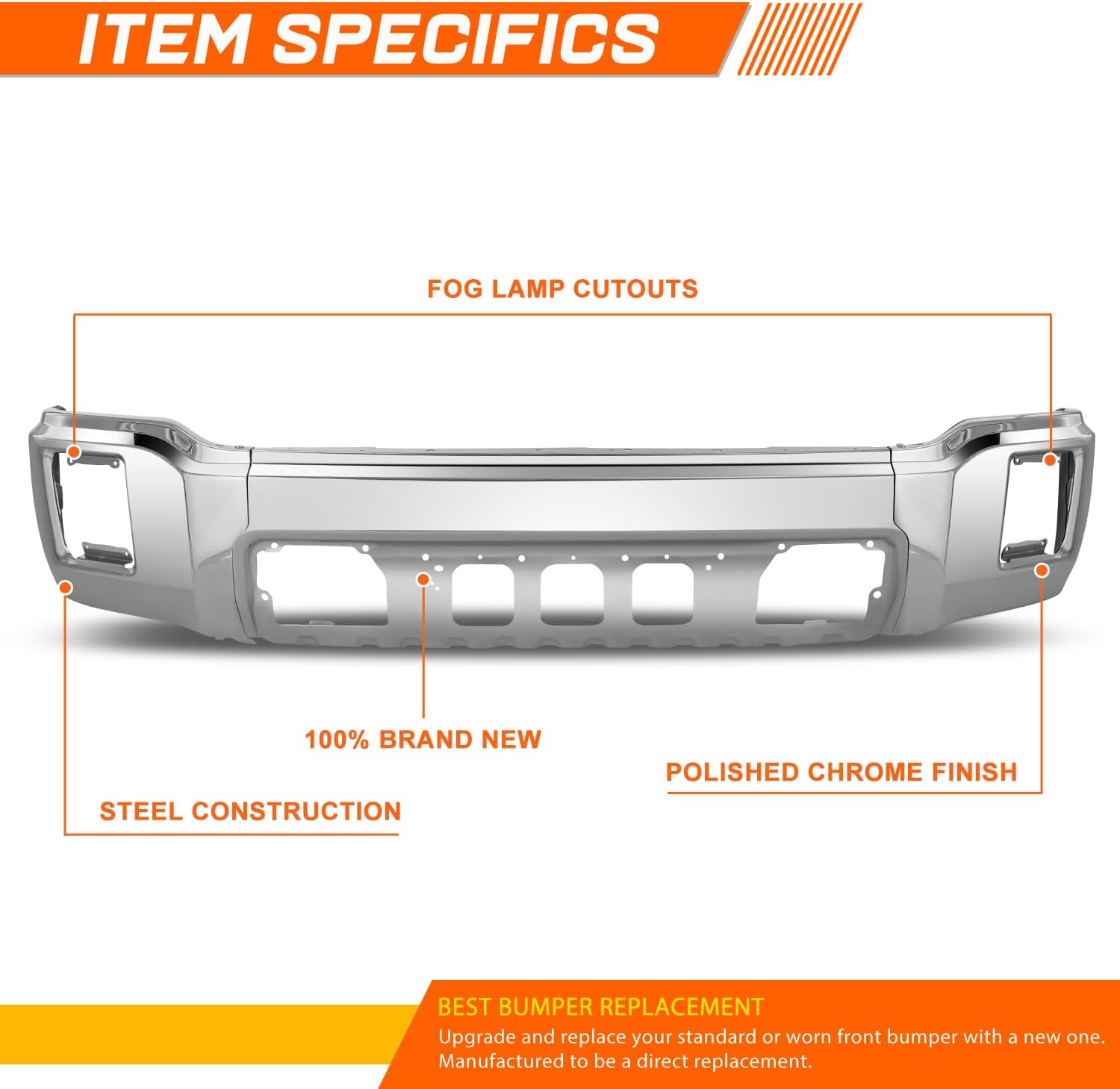PM PERFORMOTOR Front Bumper Face Bar Replacement Compatible with 2014-2015 GMC Sierra 1500, w/o Park Assist, Polished Chrome