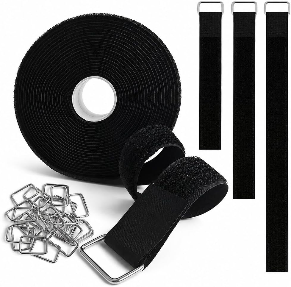 Hook and Loop Straps, 25 Metal Buckles, Black, 1 Inch x 16 Ft