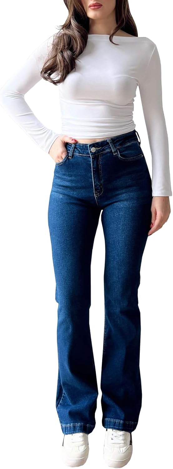 Women Flare Jeans High Waisted Bell Bottom Stretch Boyfriend Casual Denim Pants - Image 5