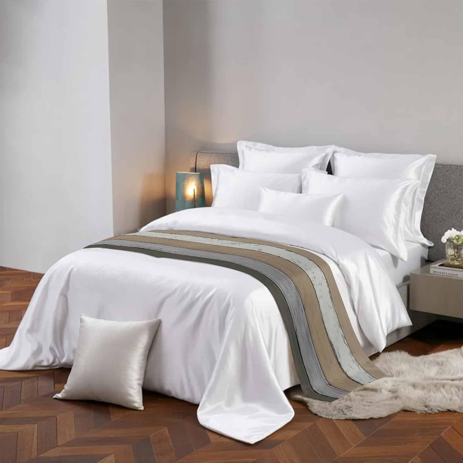 Queen Bed Runner Farmhouse Gradient Gray Wood Grain Bedding Runner Scarves Decorative Bed Scarf,Vintage Country Style Soft Bed Runners for Bedroom Hotel Wedding 94x20in