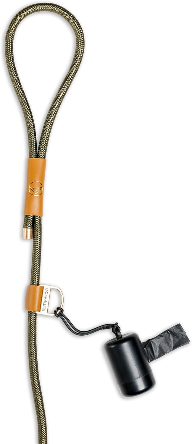 Remy+Roo Manhattan Olive Heavy Duty Dog Leash - 5 ft, Custom Waste Bag Ring, Double Stitched Leather, Lobster Clasp, Brass Finish - Strong for Large, Medium & Small Dogs