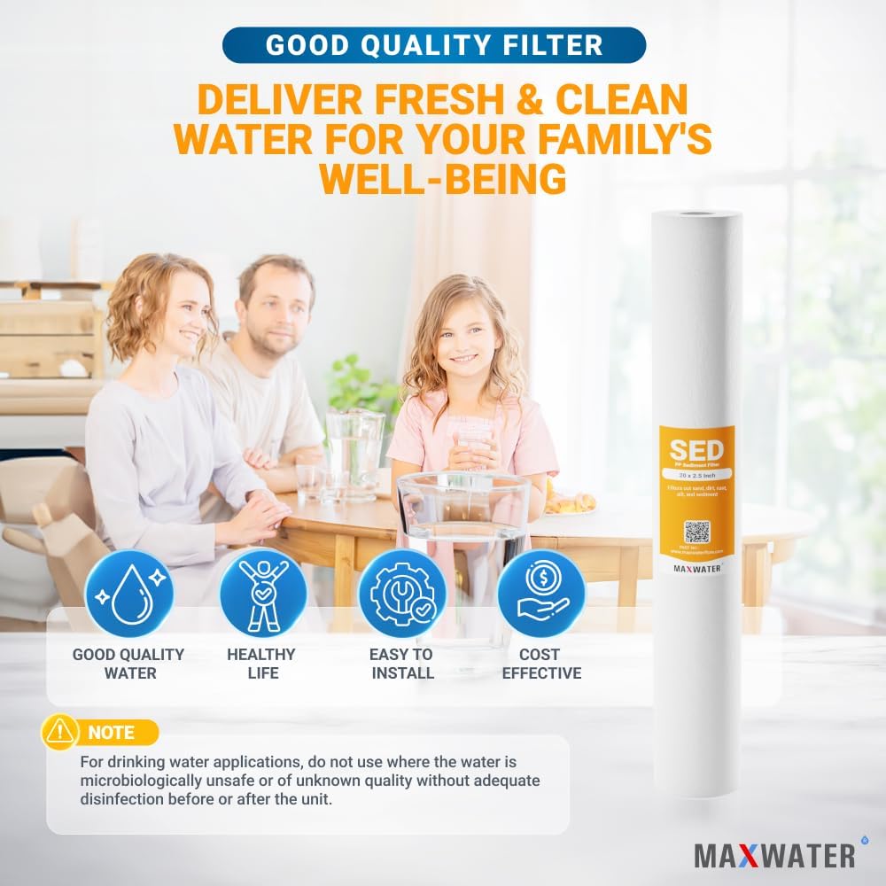 Max Water 5 Micron 20 x 2.5 Sediment Water Filter Cartridge Replacement Polypropylene Cartridge for Whole House Water Filtration/Water Softener Systems - 6 Pack