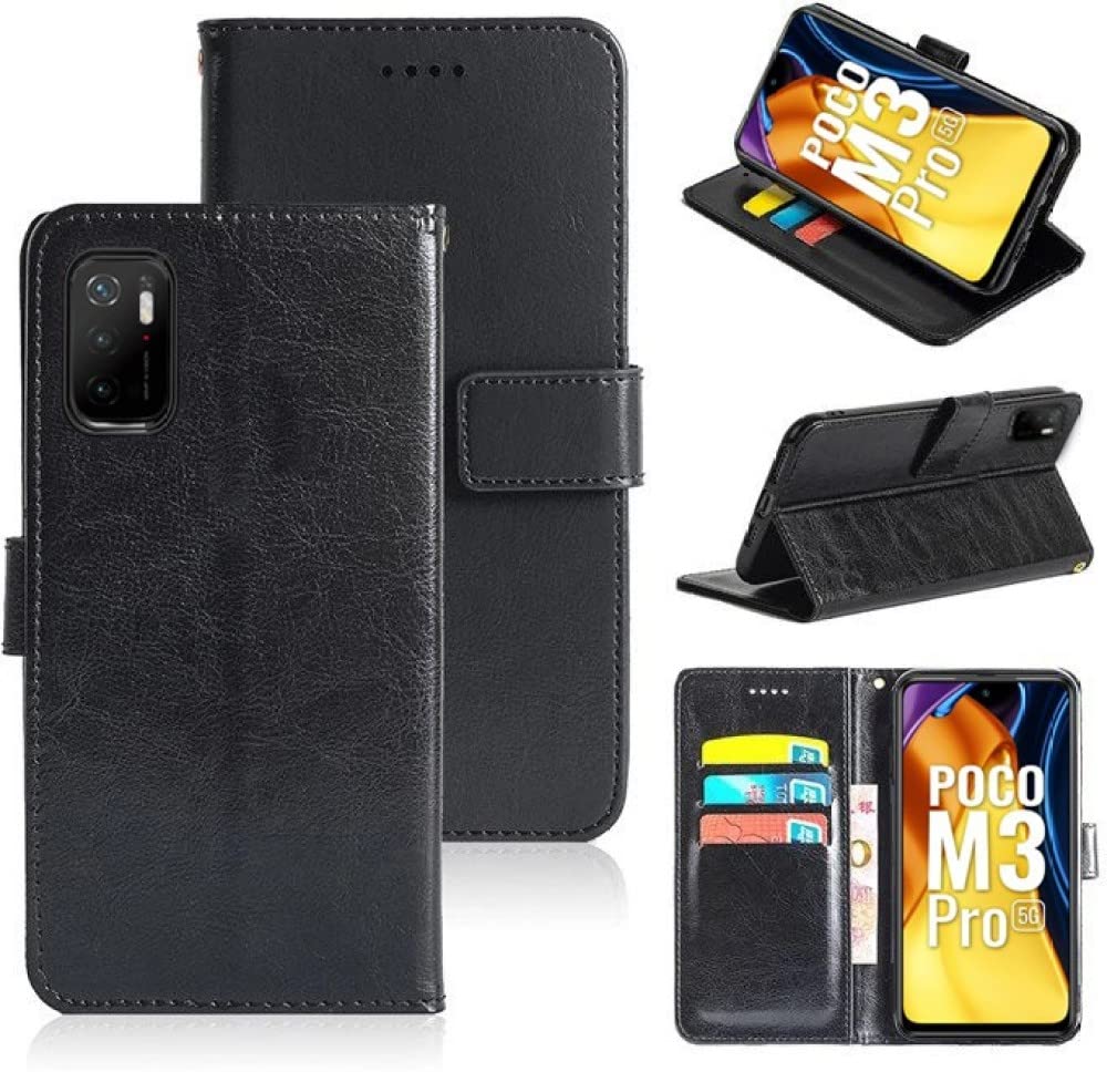 Frazil Leather Flip with Wallet Case with TPU Shockproof Cover for Poco M3 Pro 5G, Mi Redmi Note 10T 5G (Black)