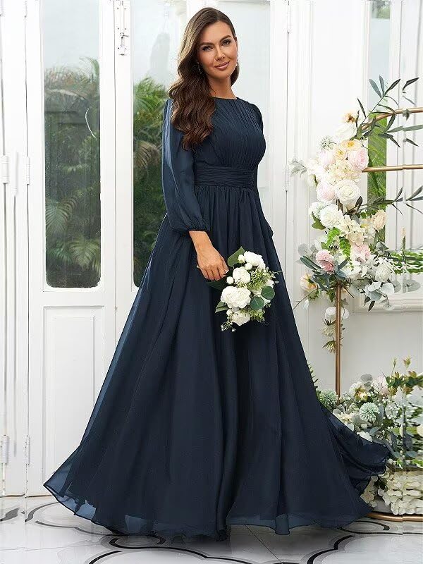 Elegant Chiffon Bridesmaid Dresses for Women Ruffles Scoop Neck Long Sleeves A-line Long Pleated Formal Dress4