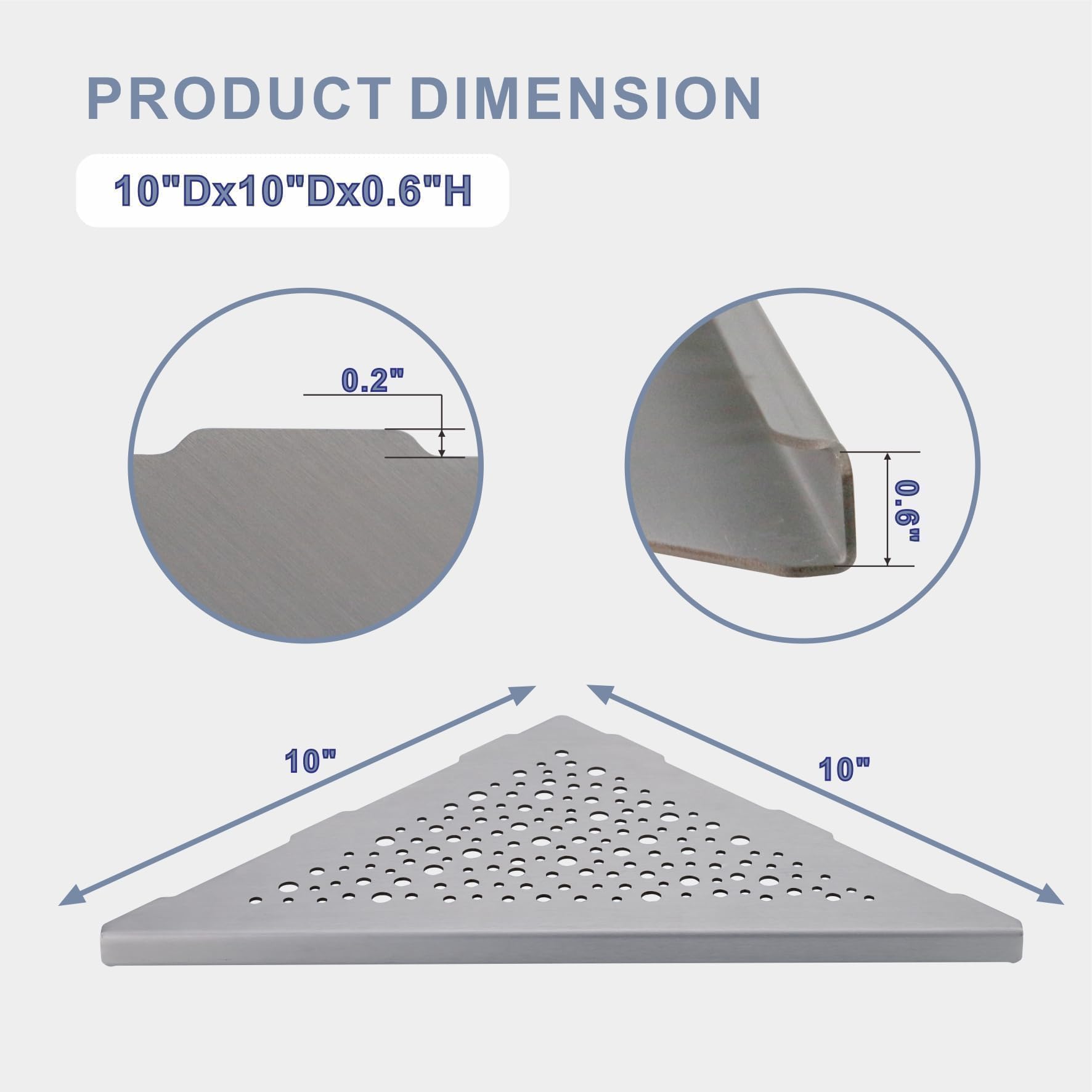 HIDROP Estante de ducha de esquina cepillado de 10 pulgadas, estante de esquina triangular de acero inoxidable para pared de azulejos, paquete de 2 estantes de esquina de ducha, sin taladrar