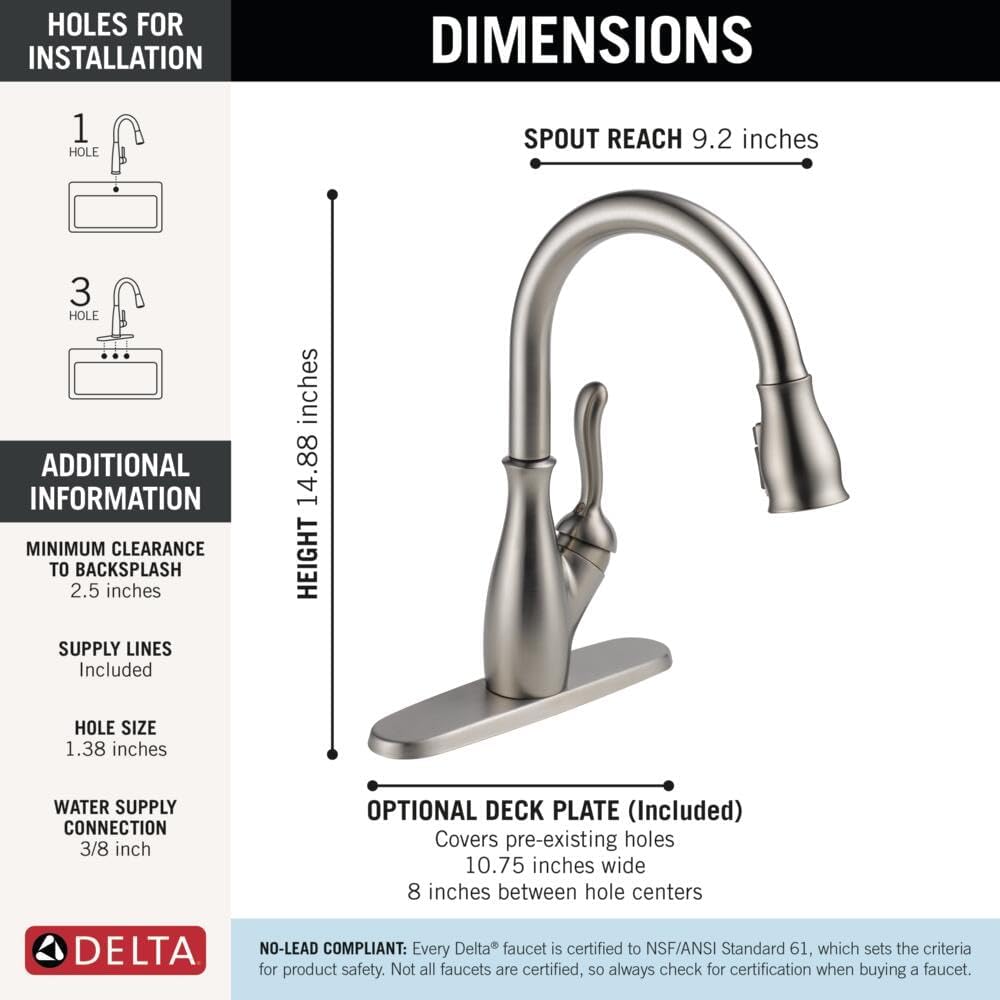 Delta Leland Brushed Nickel Kitchen Faucet with Pull Down Sprayer, Traditional Single Hole Kitchen Sink Faucet, Single Handle, SpotShield Stainless 9178-SP-DST - Image 4