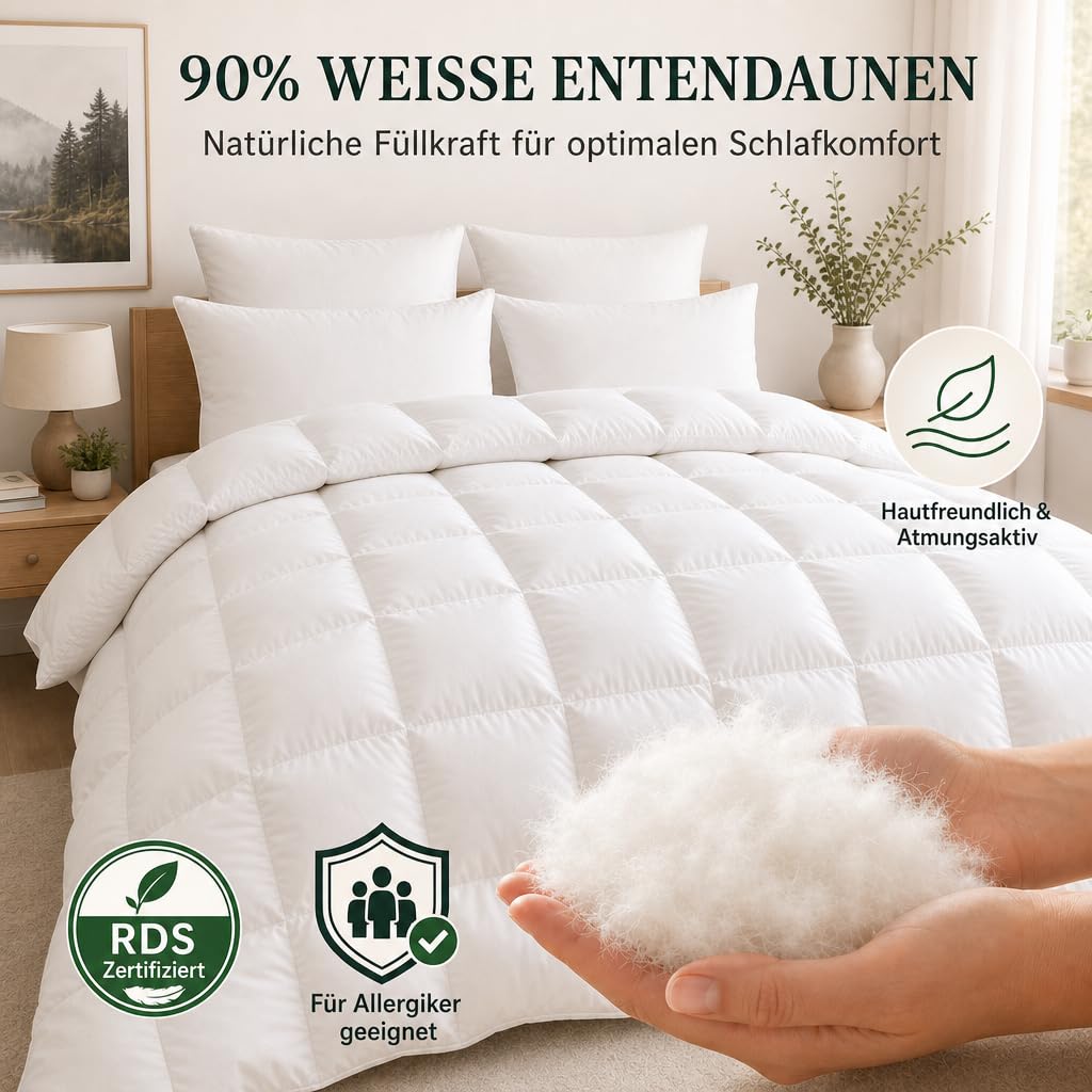 Bettdecke 135 x 200 cm, 90 % Daunen, Ganzjahresdecke, Leichte Daunendecke
