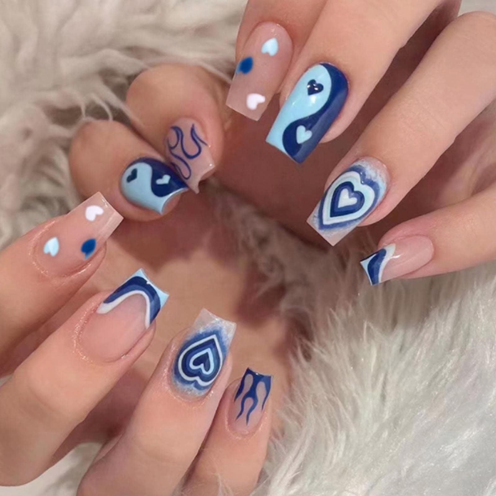 Kamize Blue Press on Nails Square Heart Fake Nails Medium Full Cover Acrylic Cute False Nails for Women and Girls