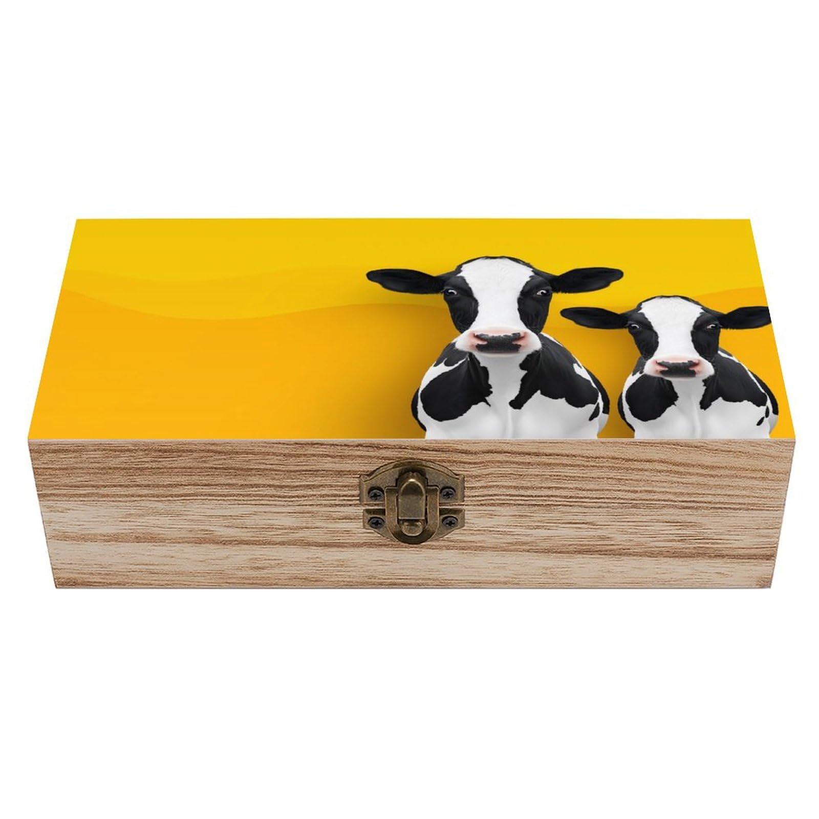Ahdyr Two Cow Wooden Storage Box with Hinged Lid And Front Clasp Large Keepsake Box