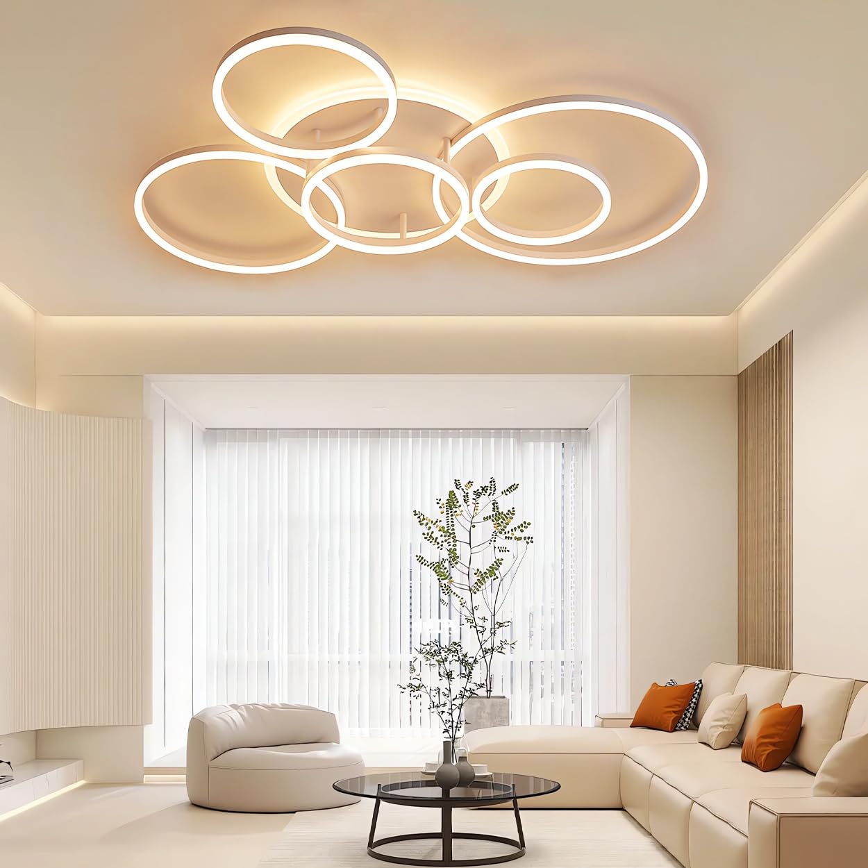 TUJJTU LED Ceiling Light Dimmable 6 Rings Ceiling Lamp 108w with Remote Control Ceiling Lamps Fixture for Living Room,Bedroom,Kitchen (White, 5+1 Heads)