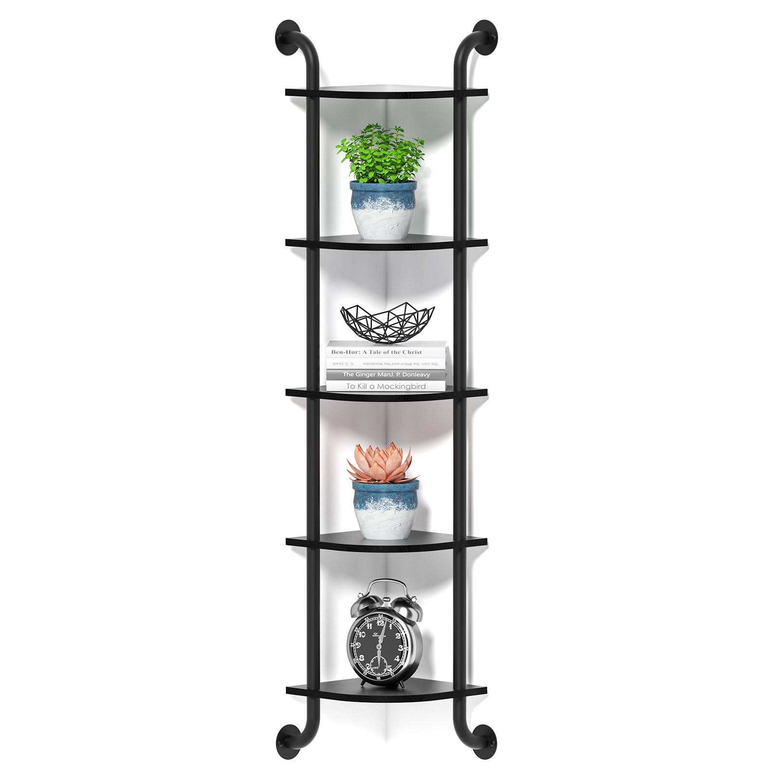 Tinpin Corner Shelf 5-Tier, Wall Shelves for Bedroom, Hanging Corner Shelves Wall Mount, Rustic Industrial Pipe Shelves for Bathroom, Living Room Decor (Black)