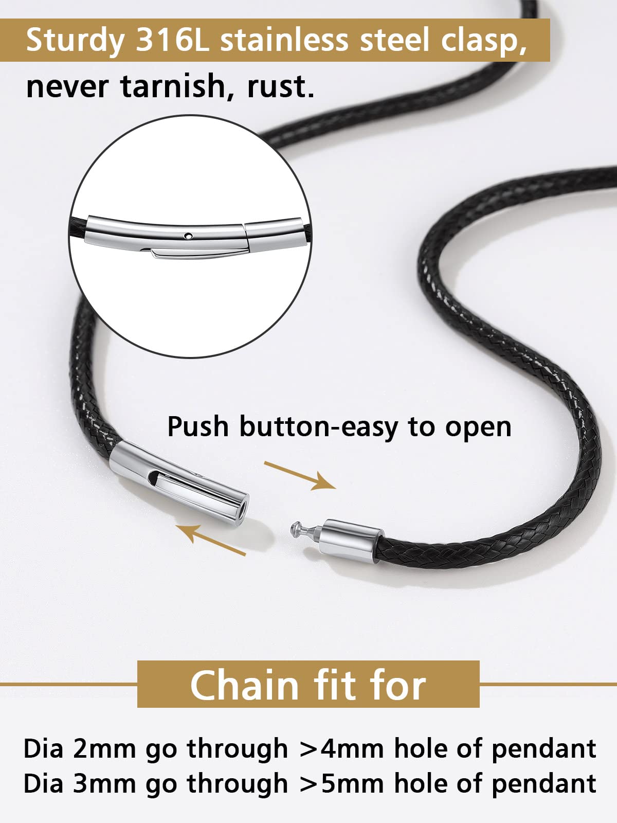 FindChic 2/3MM Collier Chaine Homme Cuir Cordon Collier pour Pendentif Femme Homme Chaîne Noir/Marron Ras de Cou Waterproof Boutton Rotatif avec Fermoir Acier Inoxydable Longueur 40cm-75cm